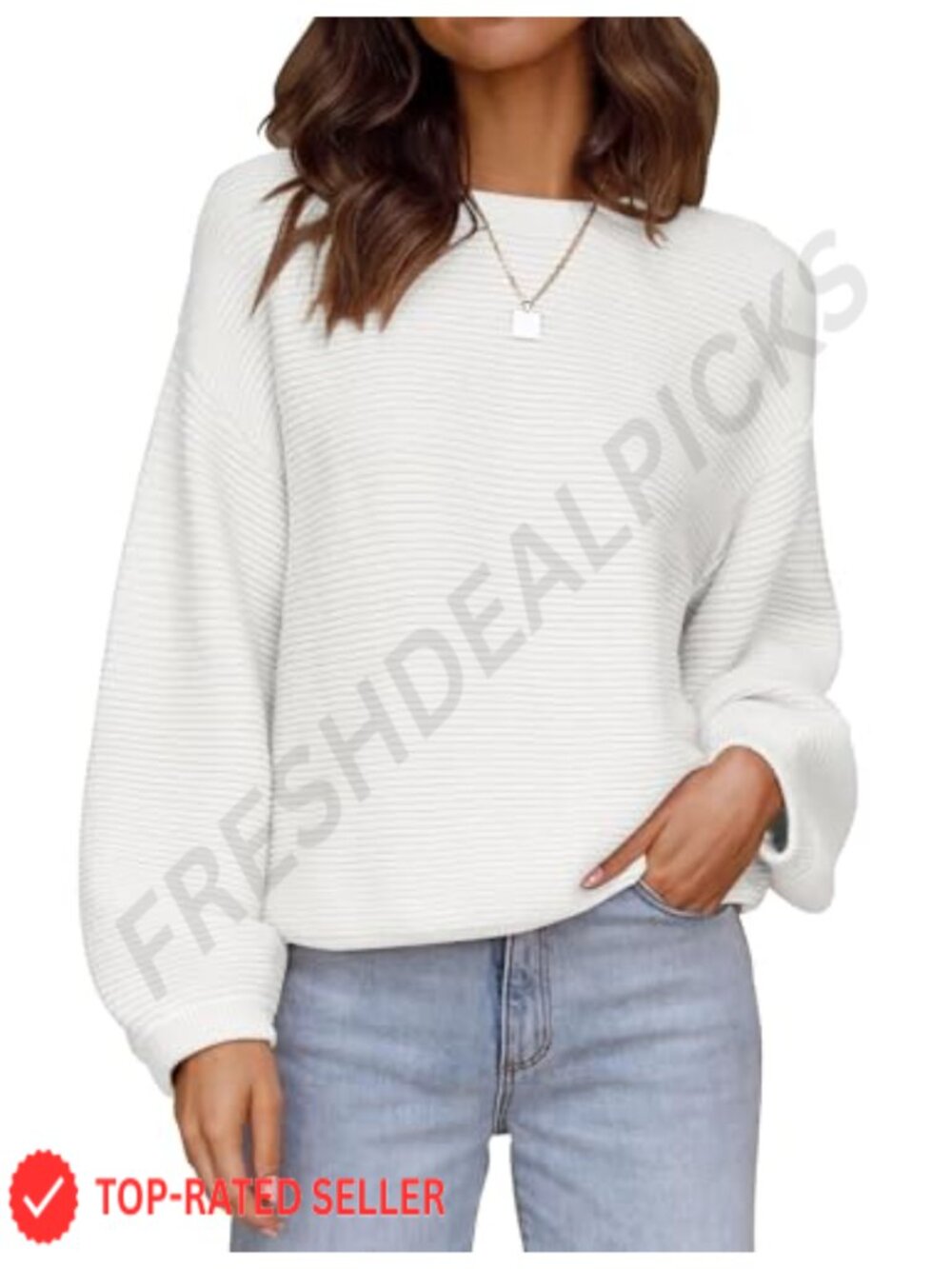 Long Sleeve Knit Pullover Sweater Boat Neck Lantern Sleeves